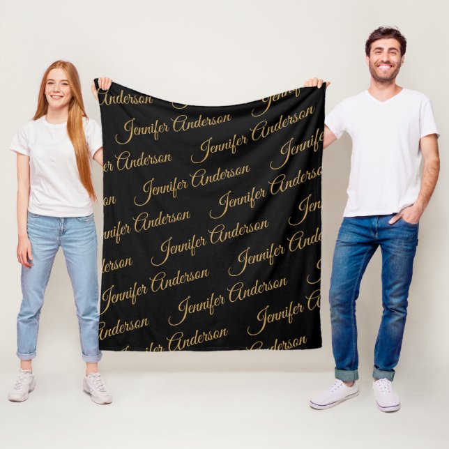 Elegant Black Gold Repeating Name Script Fleece Blanket (In Situ)