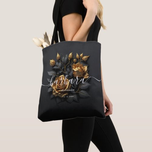 Elegant Black Gold Rose Bridesmaid Bachelorette  Tote Bag
