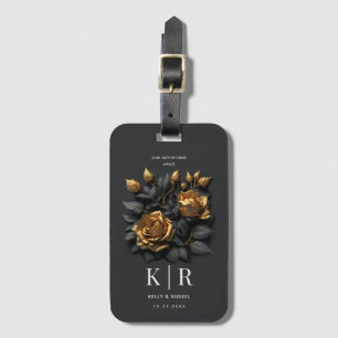 Elegant Black Gold Rose Couple Traveler Vacation Luggage Tag