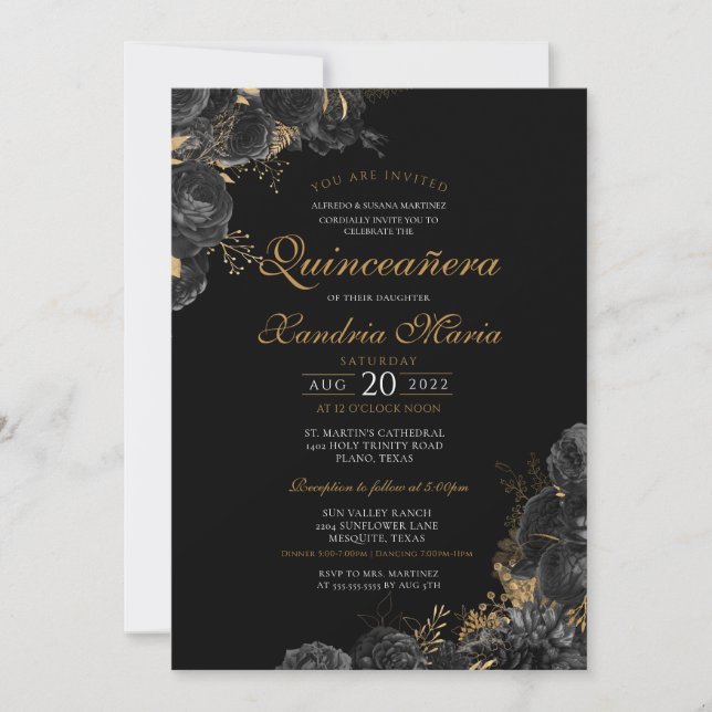 Elegant Black Gold Rose Floral Quinceanera Invitation (Front)