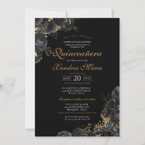 Elegant Black Gold Rose Floral Quinceanera Invitation