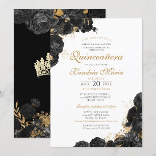 Elegant Black Gold Rose Floral Quinceanera Invitation