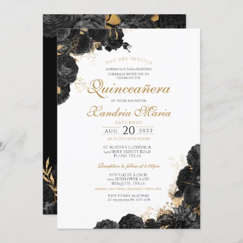 Elegant Black Gold Rose Floral Quinceanera Invitation