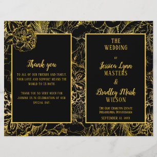 Elegant Black Gold Rose Floral Wedding Program
