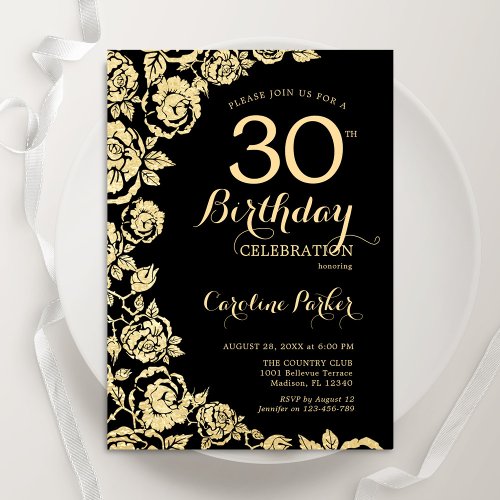 Elegant Black Gold Roses 30th Birthday Party Invitation