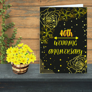 Elegant Black Gold Roses 40th Wedding Anniversary Card