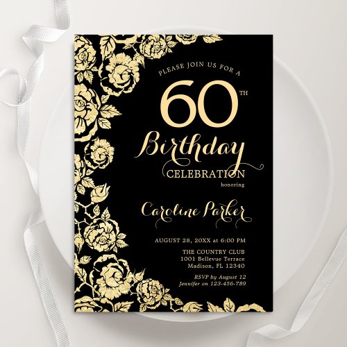 Elegant Black Gold Roses 60th Birthday Party Invitation