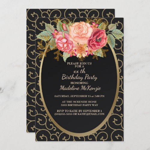 Elegant Black Gold Roses Birthday Party Invitation