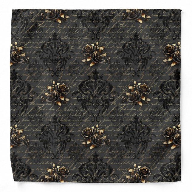 Elegant black gold roses damask gothic bandana (Front)