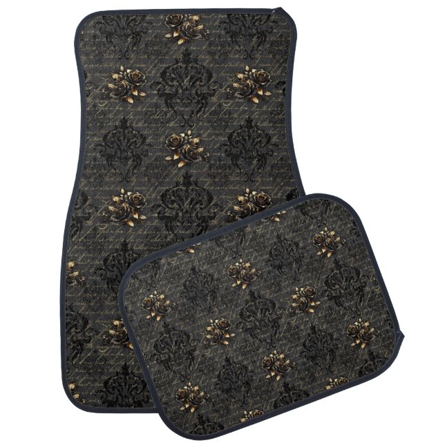 Elegant black gold roses damask gothic car floor mat (Set)