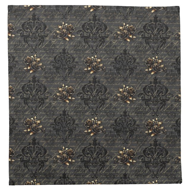 Elegant black gold roses damask gothic cloth napkin (Front)