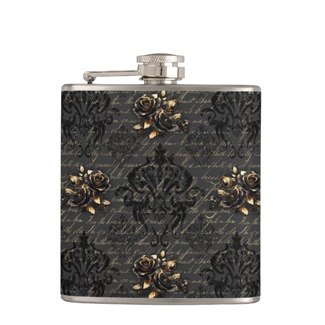 Elegant black gold roses damask gothic flask (Front)