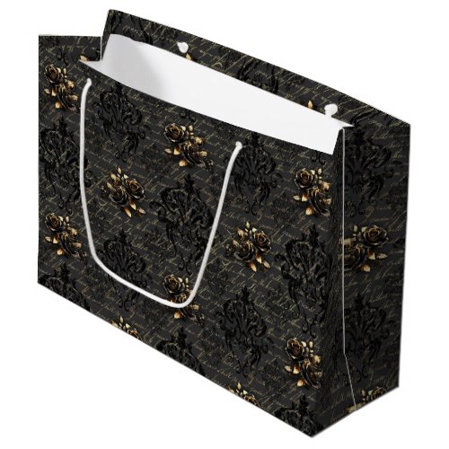 Elegant black gold roses damask gothic large gift bag