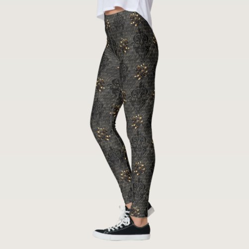 Elegant black gold roses damask gothic leggings