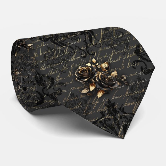 Elegant black gold roses damask gothic neck tie (Rolled)