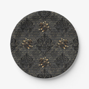 Elegant black gold roses damask gothic paper plates