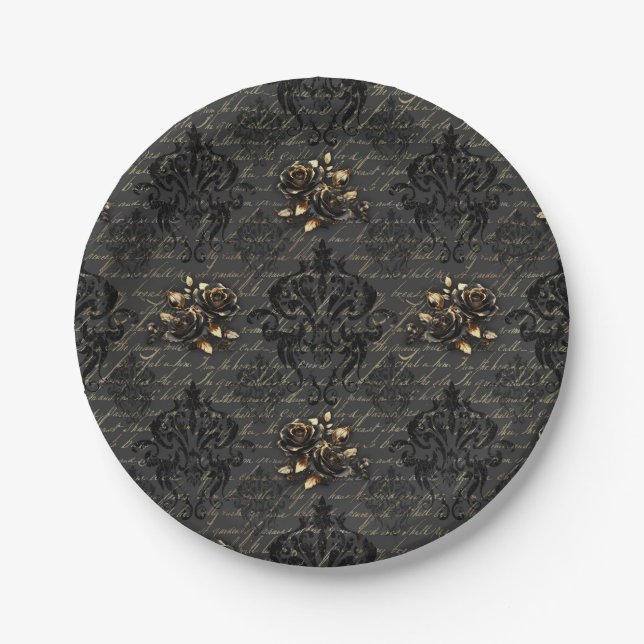 Elegant black gold roses damask gothic paper plates (Front)