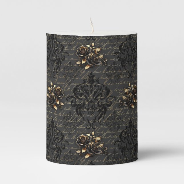 Elegant black gold roses damask gothic pillar candle (Front)