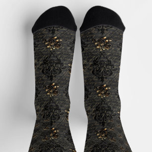 Elegant black gold roses damask gothic socks