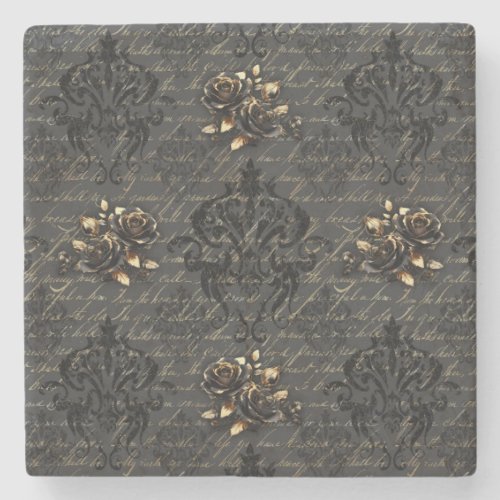 Elegant black gold roses damask gothic stone coaster