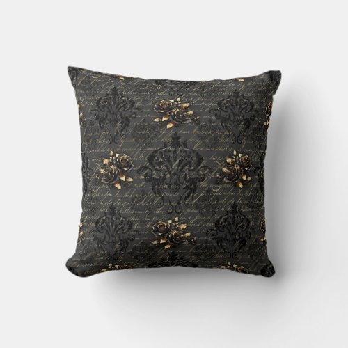 Elegant black gold roses damask gothic throw pillow