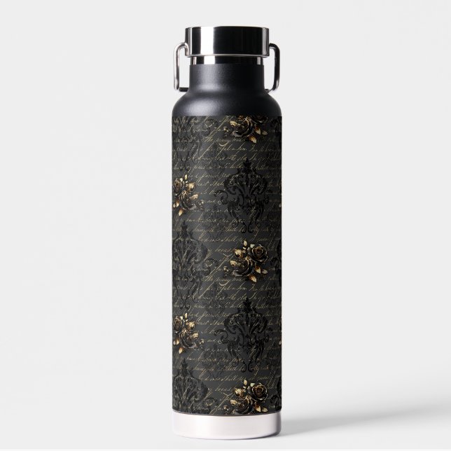 Elegant black gold roses damask gothic water bottle (Front)