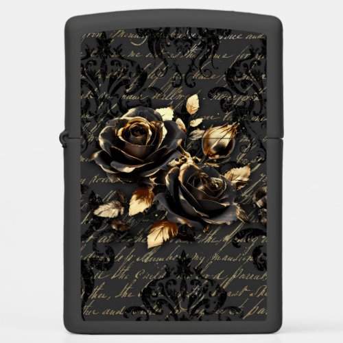 Elegant black gold roses damask gothic zippo lighter