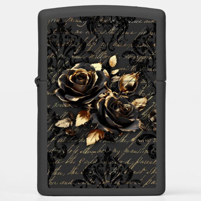Elegant black gold roses damask gothic zippo lighter (Front)