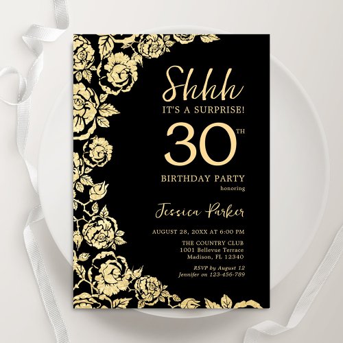 Elegant Black Gold Roses Surprise 30th Birthday Invitation