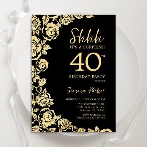 Elegant Black Gold Roses Surprise 40th Birthday Invitation