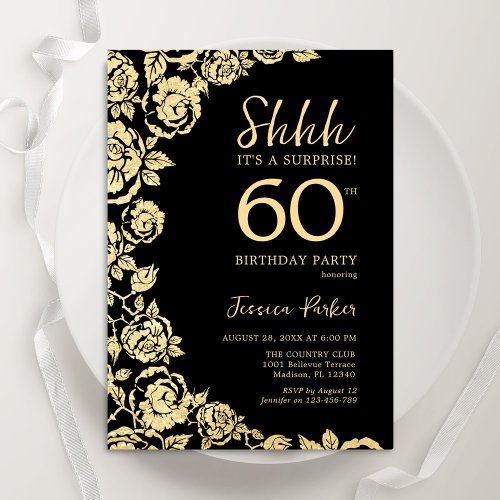 Elegant Black Gold Roses Surprise 60th Birthday Invitation