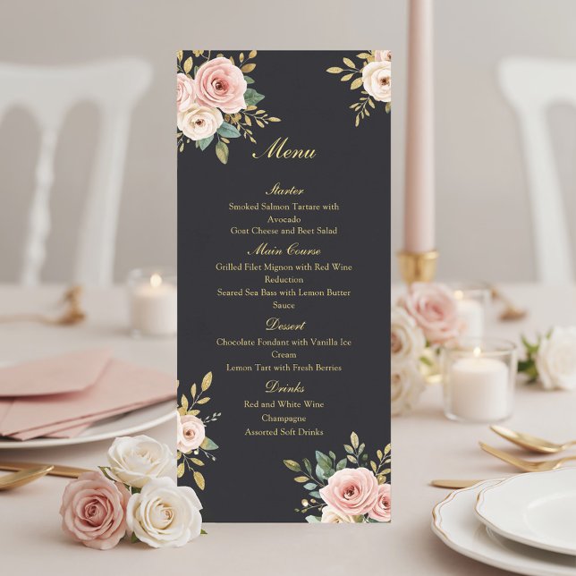 Elegant Black & Gold Roses Wedding Flat Menu (Creator Uploaded)