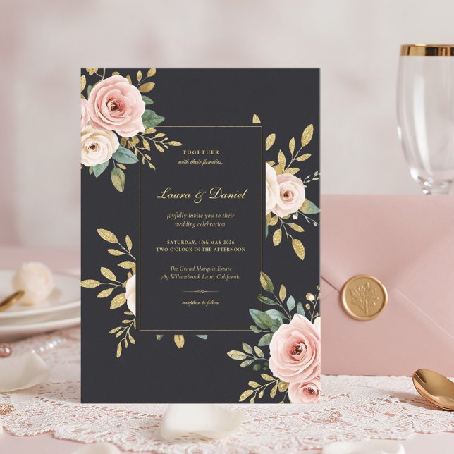 Elegant Black & Gold Roses Wedding Invitation (Creator Uploaded)