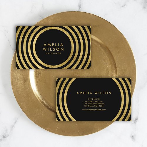 Elegant Black Gold Round Lines Weddings Events Business Card