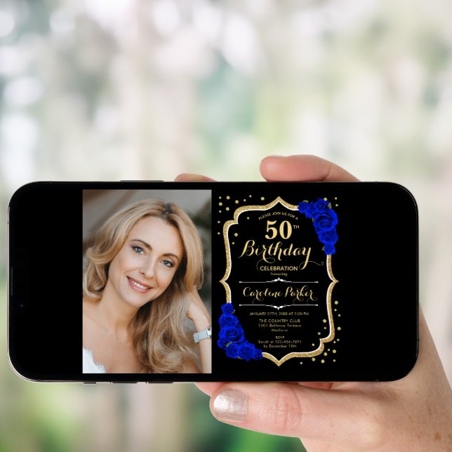 Elegant Black Gold Royal Blue Photo 50th Birthday Invitation (Front Digital)