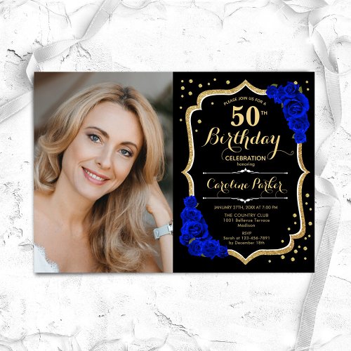 Elegant Black Gold Royal Blue Photo 50th Birthday Invitation