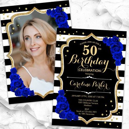 Elegant Black Gold Royal Blue Photo 50th Birthday Invitation