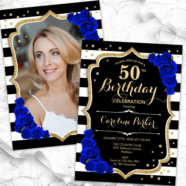 Elegant Black Gold Royal Blue Photo 50th Birthday Invitation (Creator Uploaded)