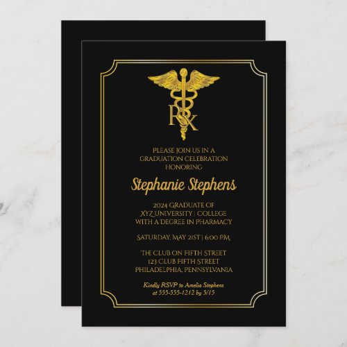 Elegant Black  Gold Rx Pharmacy Graduation Party Invitation