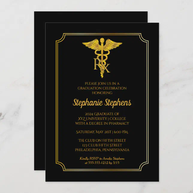 Elegant Black Gold Rx Pharmacy Graduation Party Invitation Zazzle
