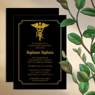 Elegant Black   Gold Rx Pharmacy Graduation Party Invitation