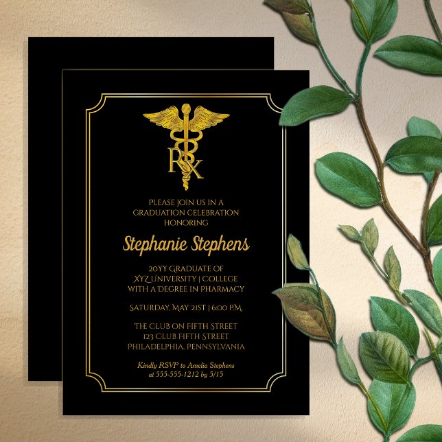Elegant Black | Gold Rx Pharmacy Graduation Party Invitation (Elegant Black and Gold Tone "RX" Pharmacy Graduation Party Invitation -- Print and/or Download)
