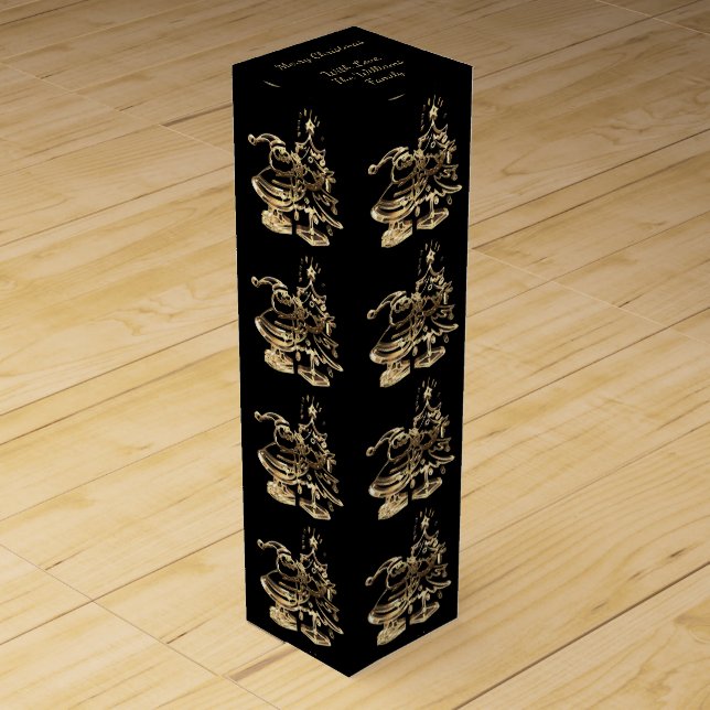 Elegant Black Gold Santa and Merry Christmas Tree Wine Gift Box (Front)