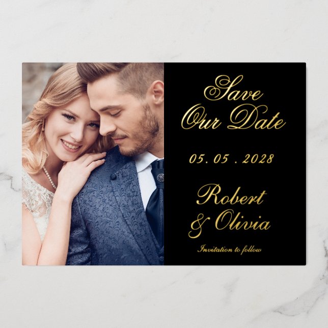 Elegant Black & Gold Save Our Date Photo Real Foil Invitation (Front)