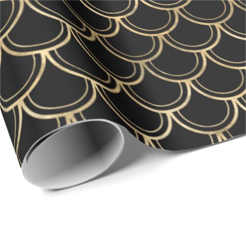 Elegant Black Gold Scallop Pattern Wrapping Paper
