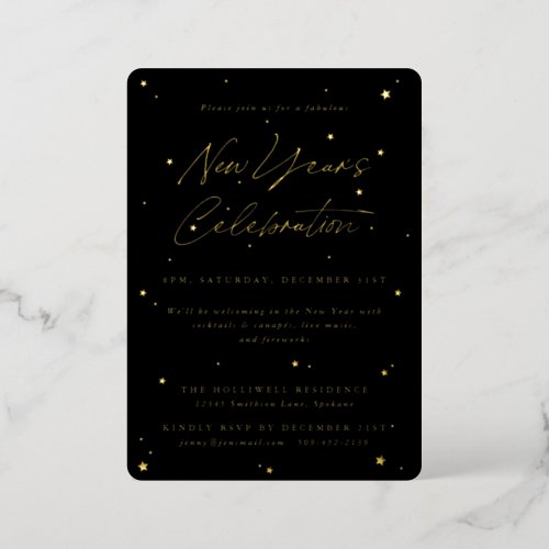 Elegant BlackGold Scattered Stars New Years Party Foil Invitation