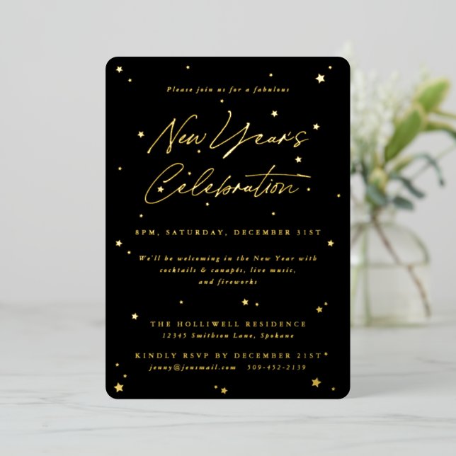 Elegant Black+Gold Scattered Stars New Years Party Foil Invitation (Standing Front)