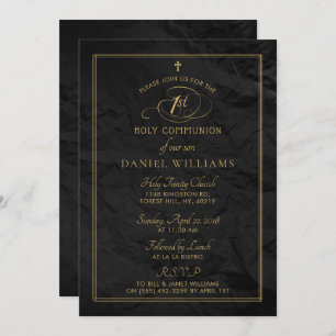 Elegant Black & Gold Script 1st Holy Communion Invitation