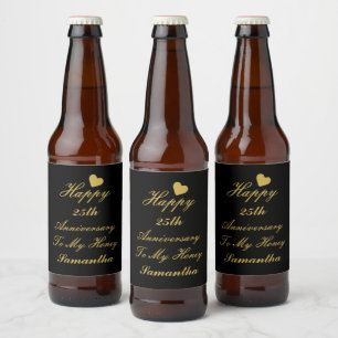 Elegant Black Gold Script 25th Happy Anniversary Beer Bottle Label