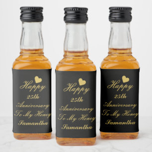 Elegant Black Gold Script 25th Happy Anniversary Liquor Bottle Label